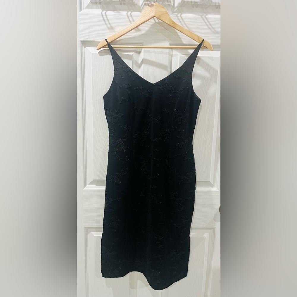 Vintage Beaded Betsy & Adam Black Floral Mini Dress